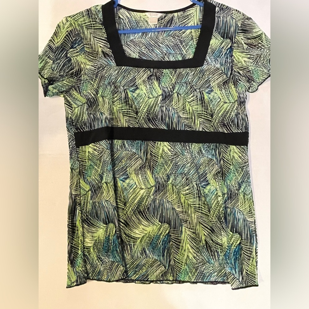 Christopher & Banks Green Teal Leaf-Print Square Neck Tunic with Black Trim